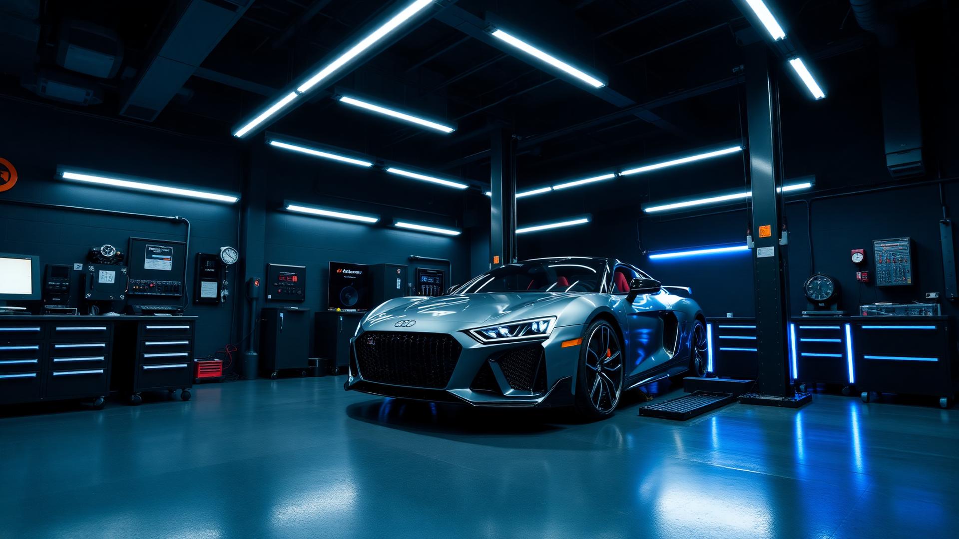 Officina meccatronica moderna con auto premium